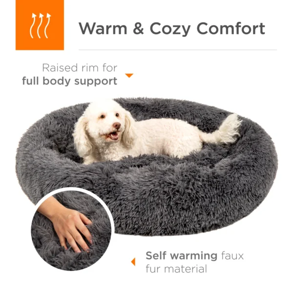 Self-Warming Shag Fur Calming Pet Bed w/ Water-Resistant Lining – Gray